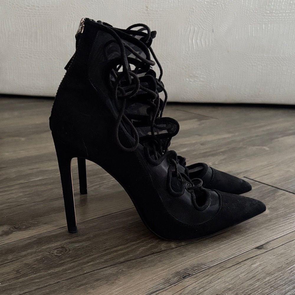 Zara Black Lace-Up Mesh and Suede Pumps Heels, Size 38 - Picture 2 of 9